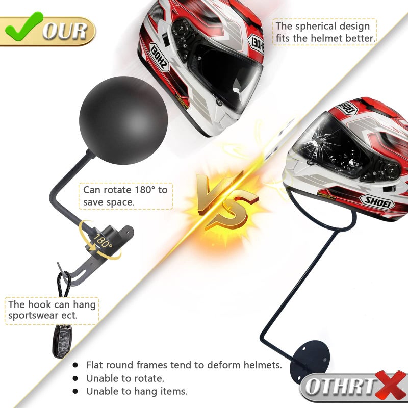 Kikerike Motorcycle Helmet Holder Wall Mount 180 Degree Rotation Metal Bike Helmet Rack Mount Bicycle Helmet Display Stand Hanger with 2 Hooks Accessories for Motorcycle Bike Baseball Rugby - Gray, 2 Pcs - Image 4
